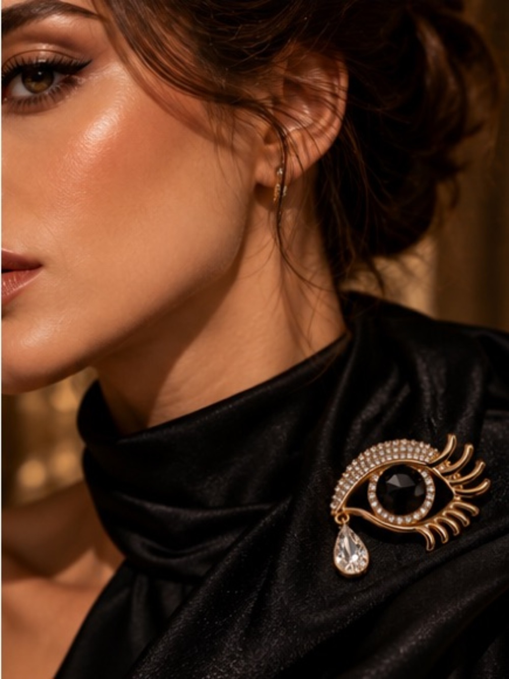 Veyloria Midnight Gaze Rhinestone Eye Brooch Sculptural Gold Jewelry